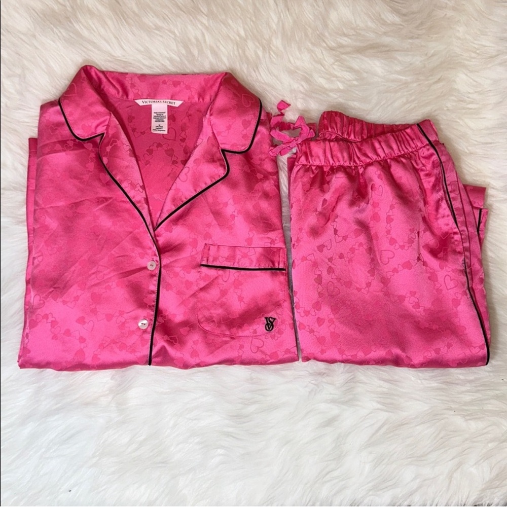 Victoria's Secret satin jacquard pajama set sleep set pink hearts 🩷